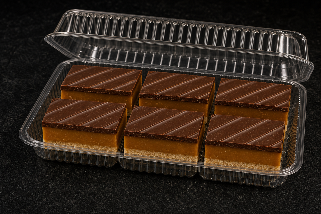 Presentation concept showing finished caramel slices in clear clamshell packaging