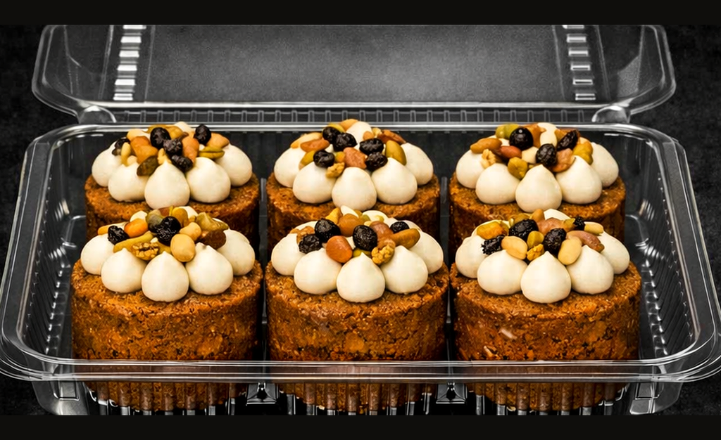 Presentation concept showing six individual carrot cakes in clear clamshell packaging