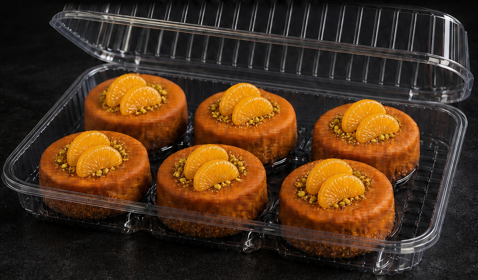 Presentation concept showing six individual flourless orange cakes in clear clamshell packaging