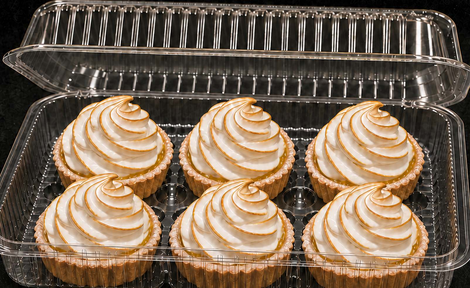 Presentation concept showing six individual lemon meringue tarts in clear clamshell packaging